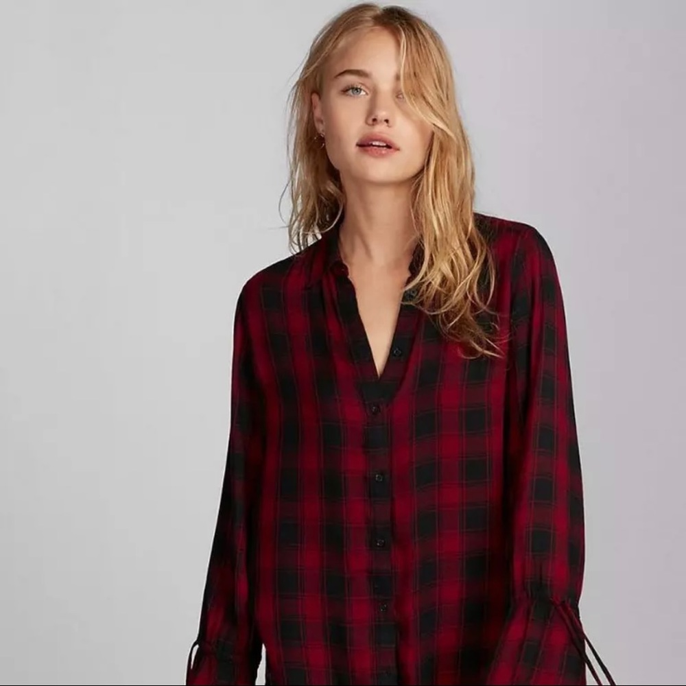 Express Plaid Tie Sleeves Button Down Shirt